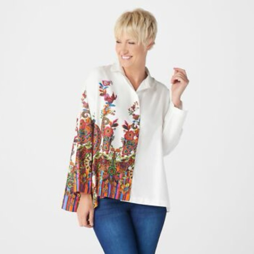 New Attitudes by Renee Reg 4 Sateen Button Front Shirt w/ Printed 0 - Picture 2 of 5